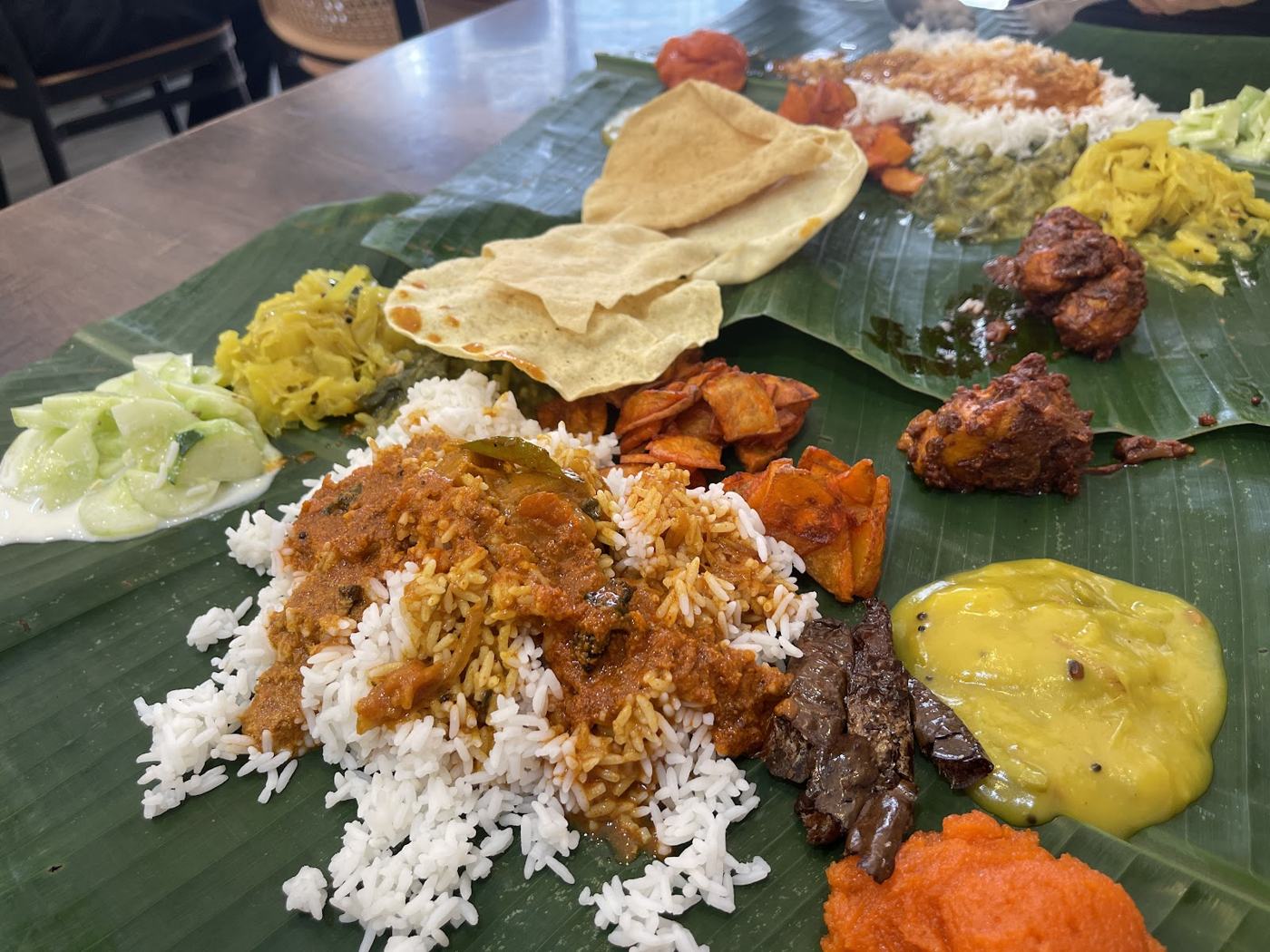 Banana leaf close-up with papadam