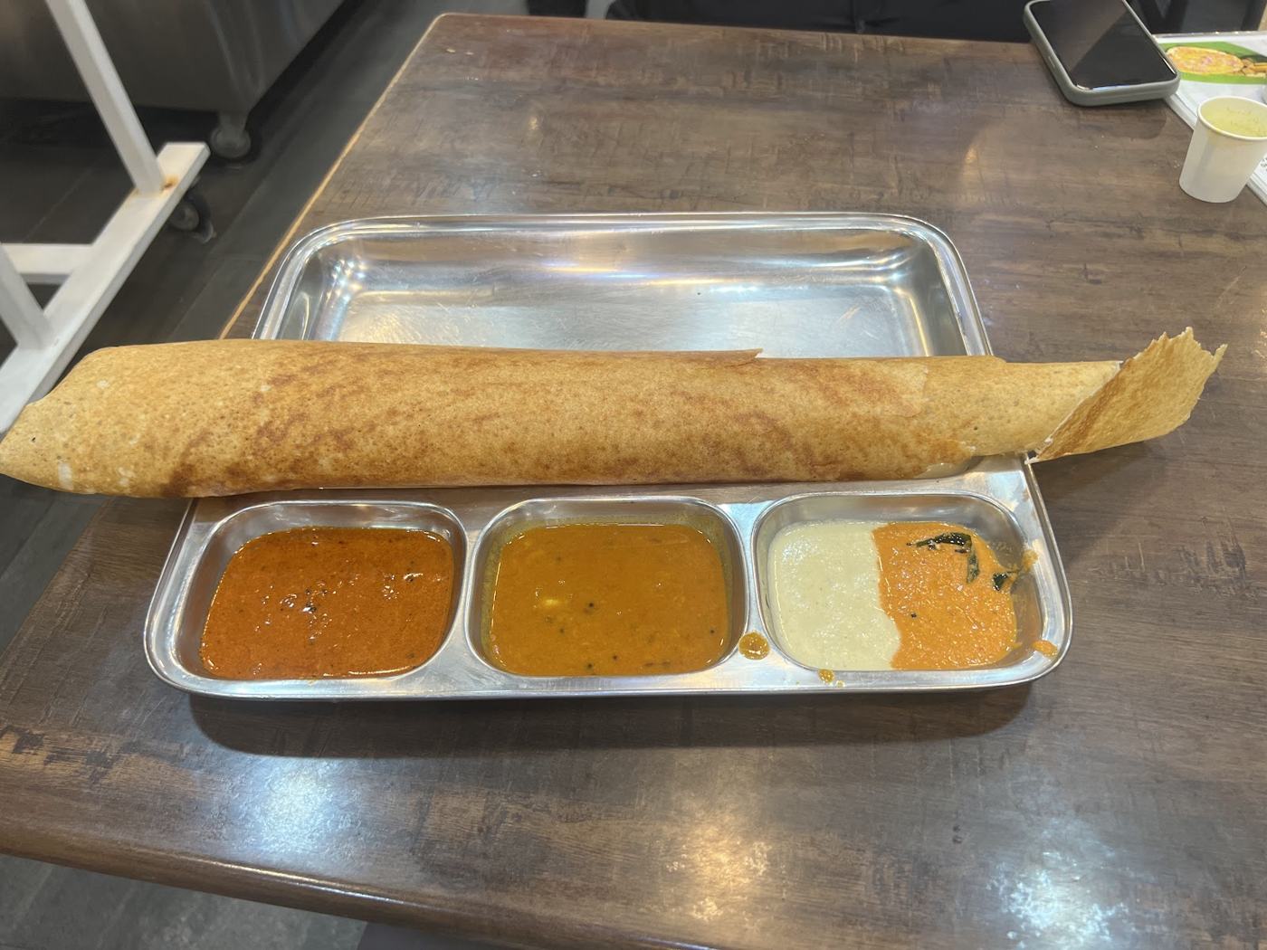 Long dosa with three chutneys